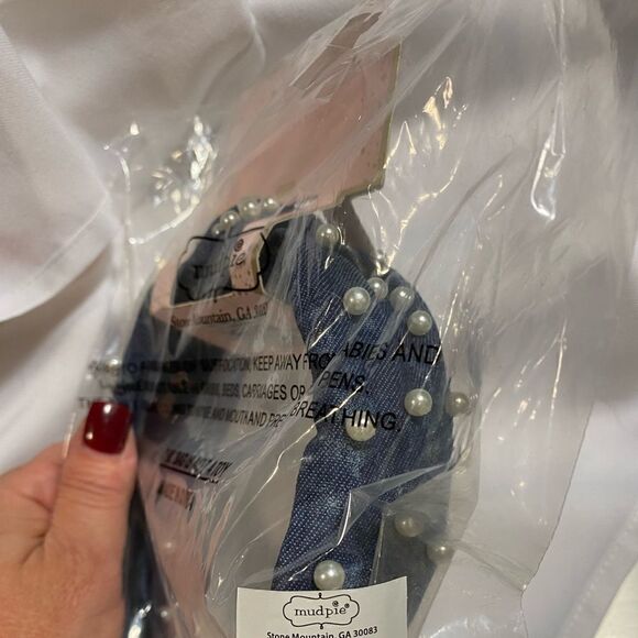 Trendy Knotted Pearl Denim Headband - Picture 2 of 7